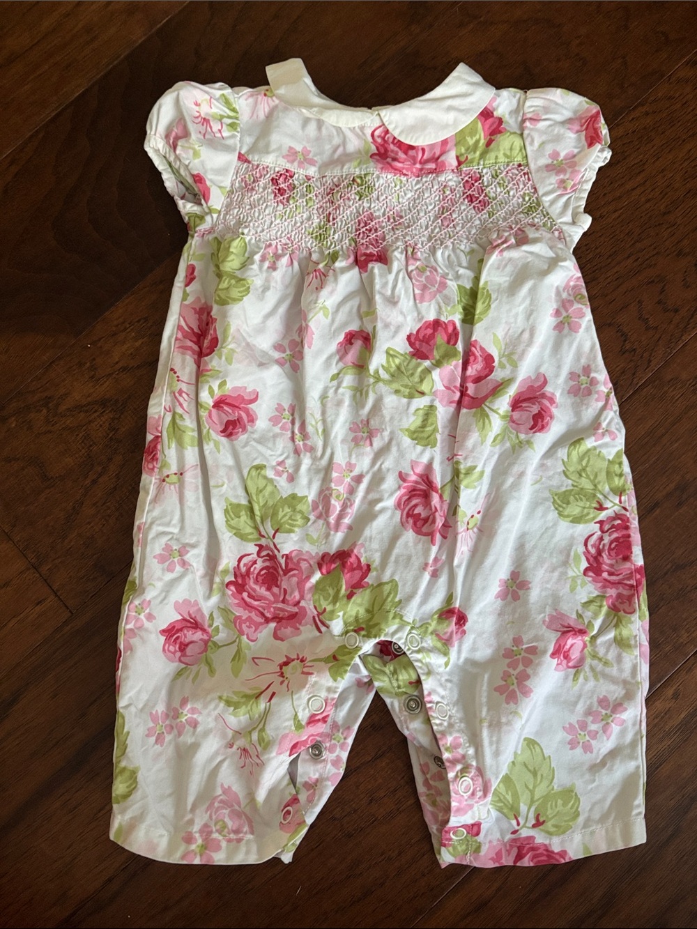 Janie & Jack Smocked - Floral Pink & Green Cotton Baby Romper